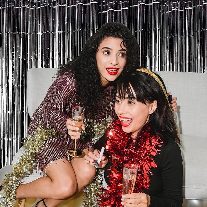 10 Pack Black Backdrop Curtain 3.2ft x 8.2ft Metallic Tinsel Foil Fringe Curtains Photo Booth Background for Birthday Party Decoration Baby Shower Engagement Wedding Christmas Decoration (Black)