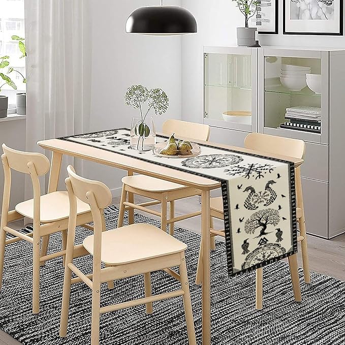 Ancient Abstract Pattern Table Runner, Tree of Life Eagle Dragon Boat Rudder Black and White Table Runner for Party Kitchen Dinner Cafe Bedroom Living Room Outdoor 13x70 Inch