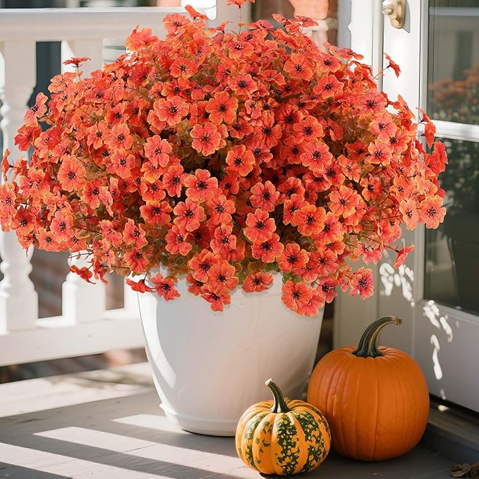 Hananona 18 Pcs Artificial Mum Flowers for Outdoors, Faux Fall Mums Silk Flower for Outside, Fake Orange Flowers for Fall Patio Front Door Planter Autumn Halloween Home Decorations (18, Orange)