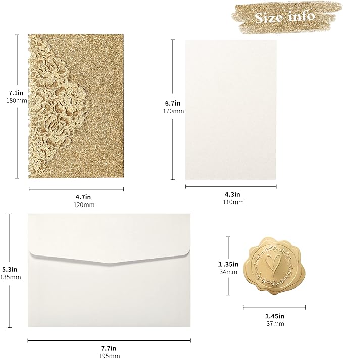 DORIS HOME 50pcs Laser Cut Quinceanera Invitations Gold Glitter, 4.7x7.1 Blank Quince Invitations for 15th Birthday, Invitation cards for Sweet 16 with Envelopes