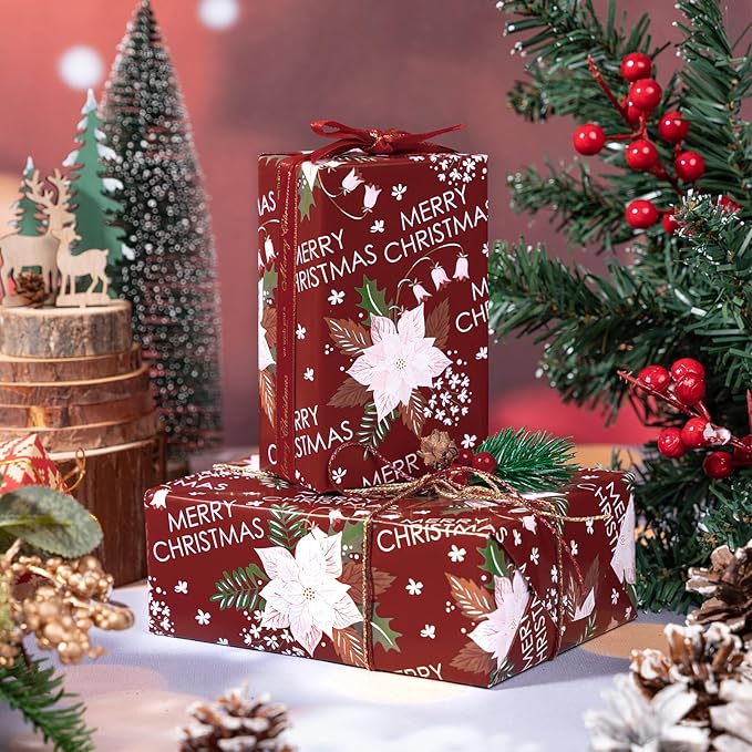 LeZakaa Christmas Wrapping Paper Roll - Red Flower & Merry Christmas Letter Pattern for Holiday, Party - 17 inches x 32.8 Feet (46.45 sq.ft.)
