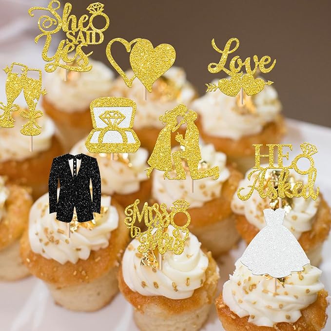 30 Pack Bride to be Cupcake Toppers Glitter Diamond Ring I Do Love Cupcake Picks Miss to Mrs He Asked She Said Yes Bridal Shower Wedding Engagement Bachelorette Cake Decoration Gold