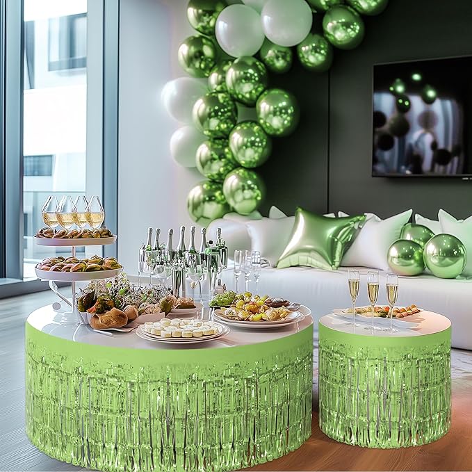 2 Pack Light Green Table Skirts, 29x108" Metallic Foil Tinsel Fringe Table Skirts for Rectangle Tables Streamer Curtains Backdrop, Party Decorations for Birthdays Weddings Holidays