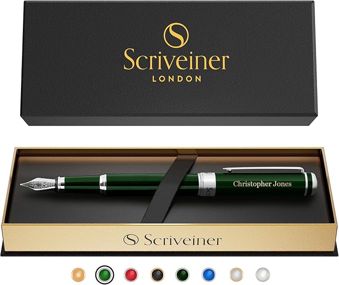 Scriveiner Personalized British Racing Green Pen - Stunning Green Lacquer Luxury Pen w/Chrome Finish, German Schmidt Nib (Medium), Best Engraved Fountain Pen Gift Set for Men & Women, Name Engraving