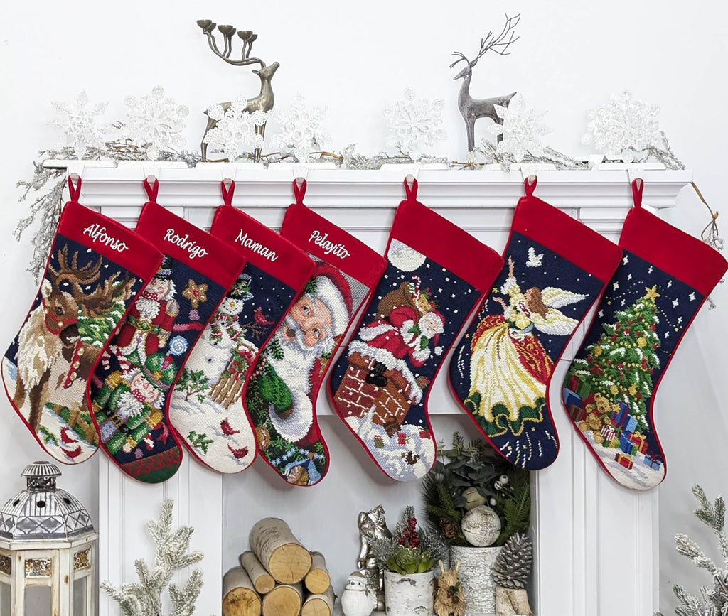 Santa on Chimney Needlepoint Christmas Stocking - Personalized Name Embroidery Family Holiday Keepsake Décor