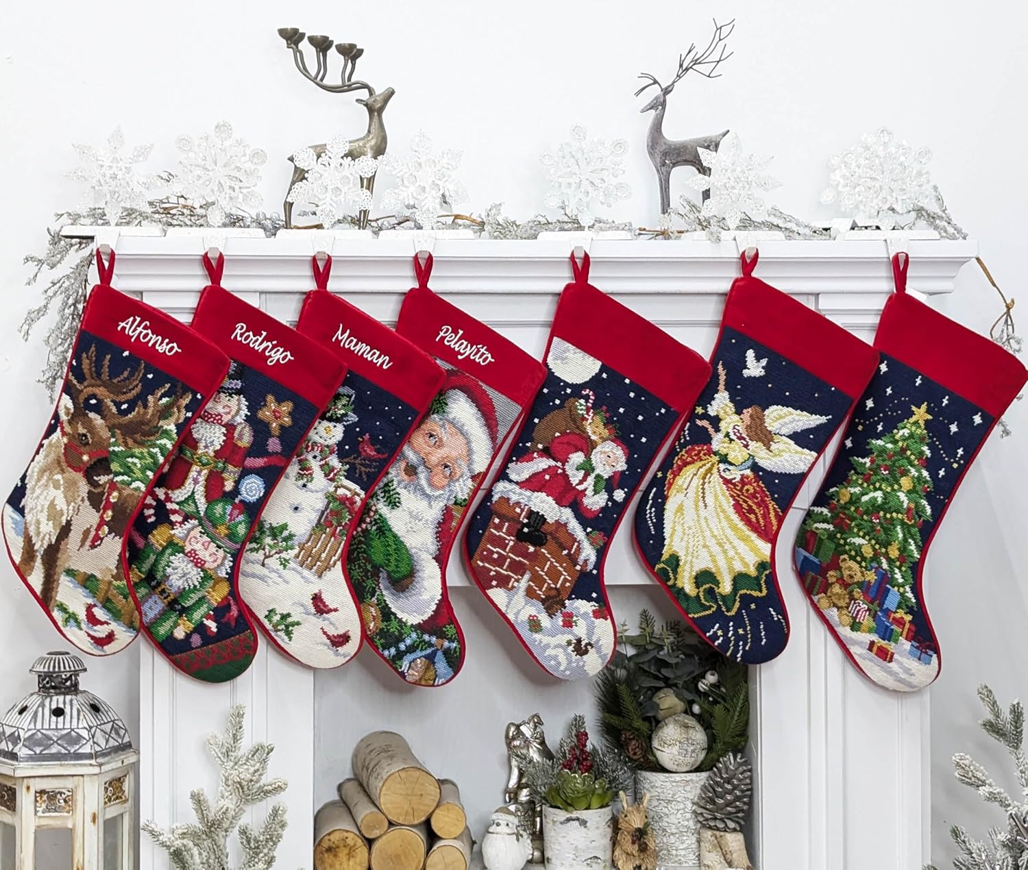 Santa on Chimney Needlepoint Christmas Stocking - Personalized Name Embroidery Family Holiday Keepsake Décor