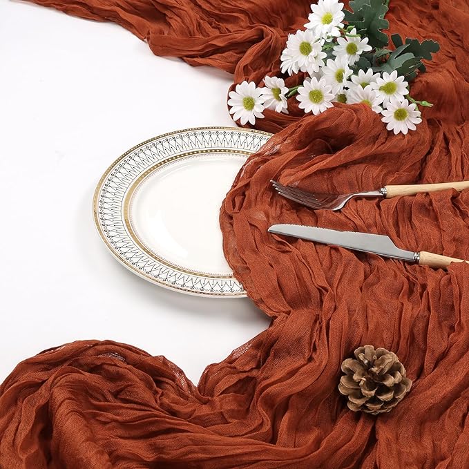 12 Pack Fall Thanksgiving Table Runner Terracotta Cheesecloth 10ft Boho Gauze Fabric Cheese Cloth Burnt Orange Table Runner 35 x 120 Inch Rustic Sheer for Wedding Décor Party Centerpiece Decoration