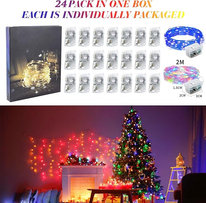 ZGWJ 24 Pack Fairy Lights Battery Operated, 7ft 20 Mini LED Fairy String Lights Silver Wire 3 Modes for DIY, Parties, Wedding, Bedroom, Halloween Christmas Decoration Colorful and Blue