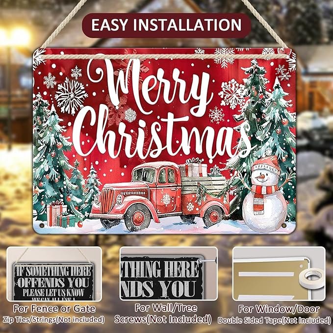 Christmas Truck Metal Tin Sign Merry Christmas Sign Funny Snowman Tin Sign Christmas Tree House Decoration for Indoor Home House Decor Party Supplies 12x16Inch