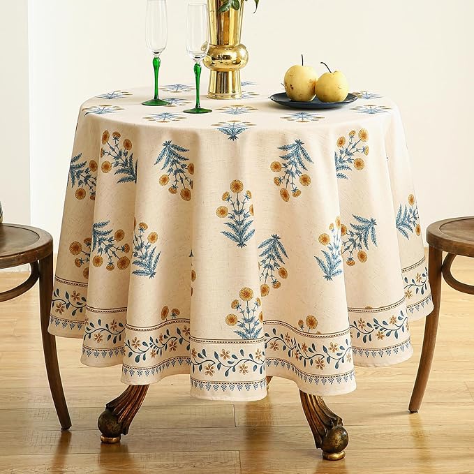 ISAENNE Designer French Pale Yellow Small Round Tablecloth,Linen Floral Table Cloth,Wrinkle Resistant Decor Tablecloths for Dining Thanksgiving Banquet Kitchen Party,Diameter 55"-Estevan A