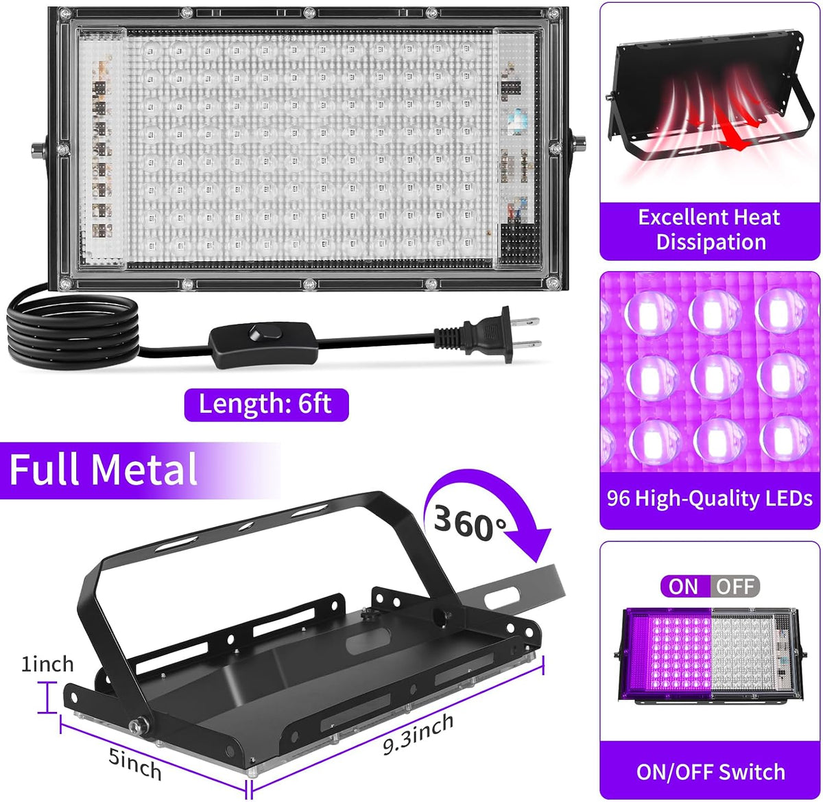 100W LED Black Lights with Switch+Plug, IP66 Waterproof, 2 Pack