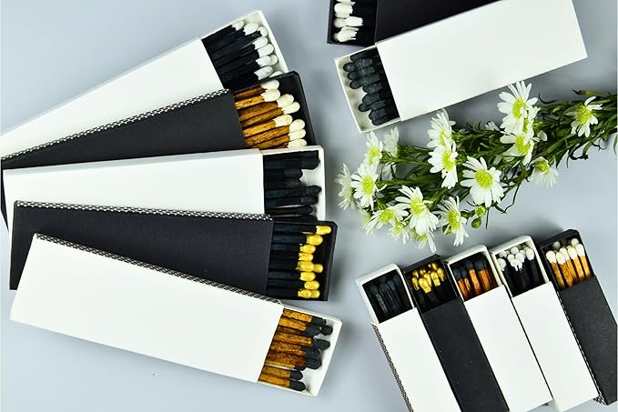 Chandler Studio 10 Boxes - Wooden Matchsticks in a Blank Matchbox with White/Black Matchboxes Colorful Tips (4" Matchboxes, 10 Boxes)