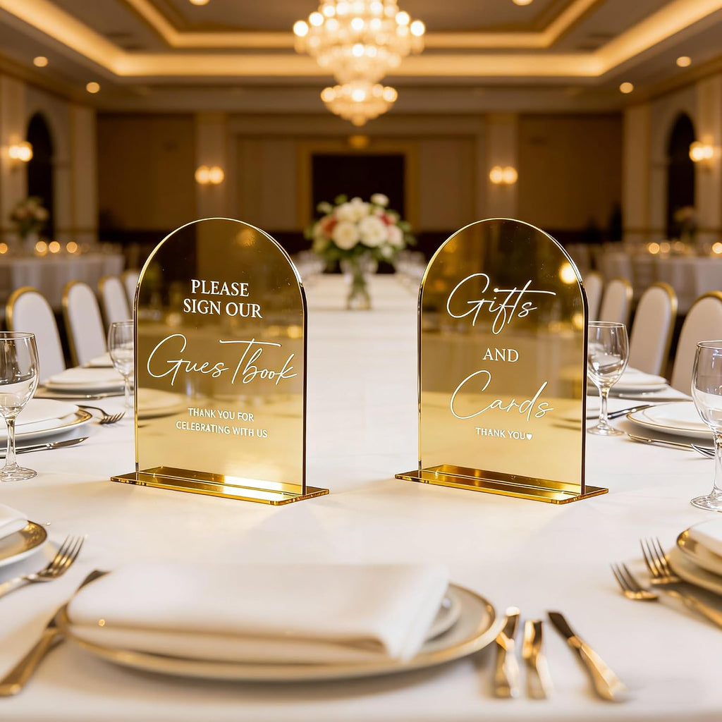 Acrylic Signs with Stand, 5x7 inch Gold mirror, Arched Wedding Table Signs and Base, 1/8" Thick Arch TableTop for Wedding Reception & Event Party Table (Cards and Gifts Sign and Guest Book Sign)