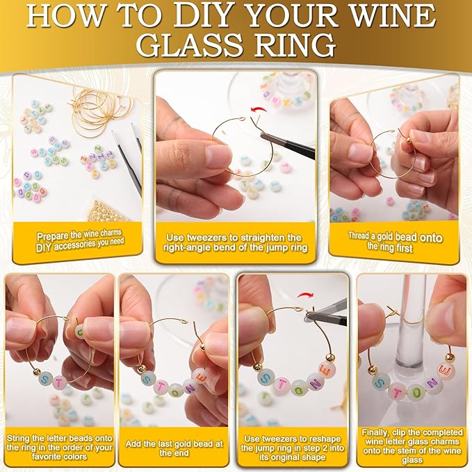 60 Sets DIY Wine Glass Charms – 780 Letter Beads 120 Gold Beads 60 Charm Rings 2 Tweezers, Drink Identifier Charms Wine Glass Marker Tags for Wedding Cocktail Bachelorette Party Decoration (Luminous)