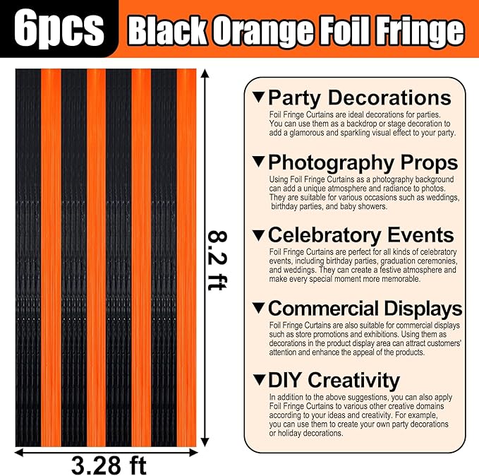 6 Pack Black Orange Foil Fringe Curtain Backdrop, 3.28Ft x 8.2Ft Metallic Tinsel Foil Fringe Streamer Curtains for Photo Booth, Birthday, Wedding, New Year Party Decorations