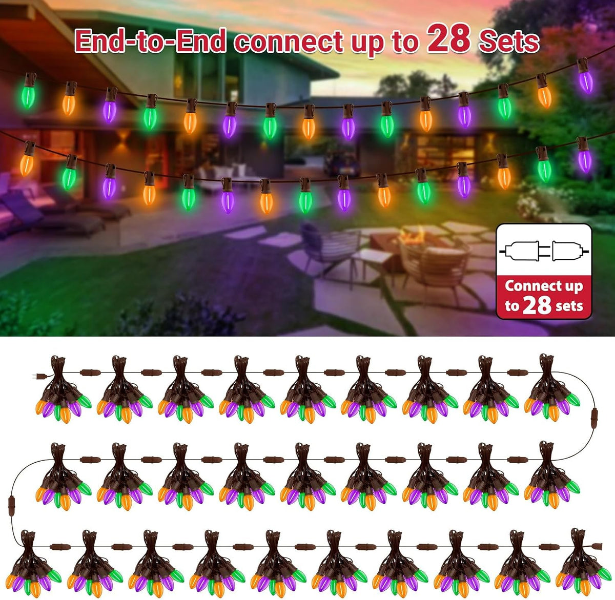 LAMPHOME C9 25FT 25 LED Orange Purple Green Halloween Lights, Vintage String ...