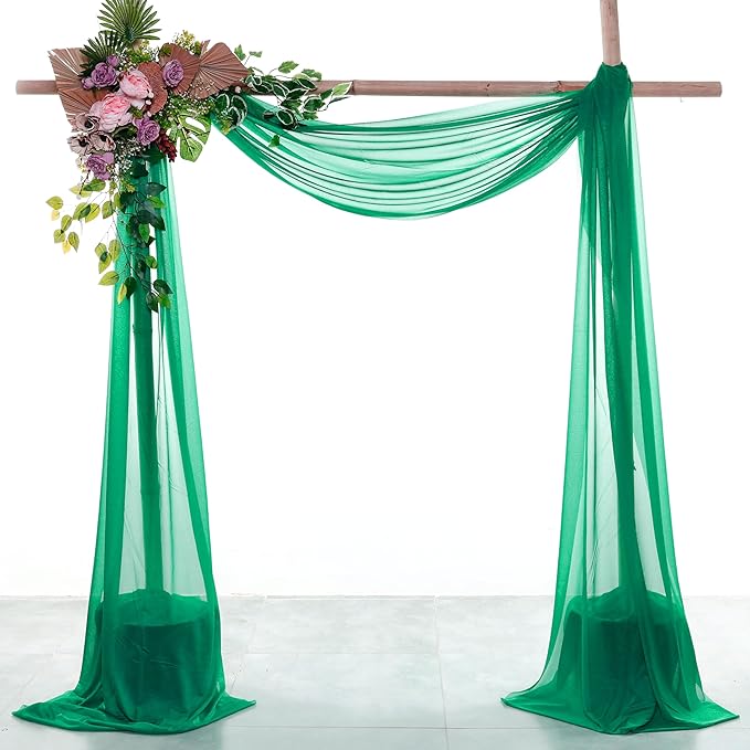 VDS Pack of 3 Panel (30 Inch X 20 Feet) Wedding Arch Draping Fabric Sheer Chiffon Fabric Drapery for Wedding Ceremony Reception Swag Backdrop Canopy Chuppah ARBO Altars Decoration (Emerald)