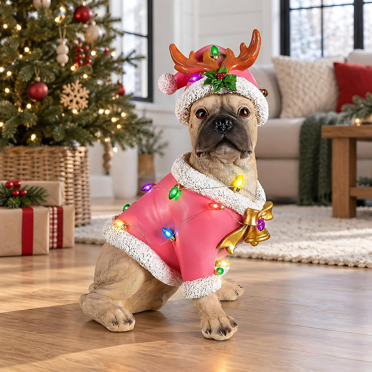 lighted christmas french bulldog statue, pink outfit and, main product view