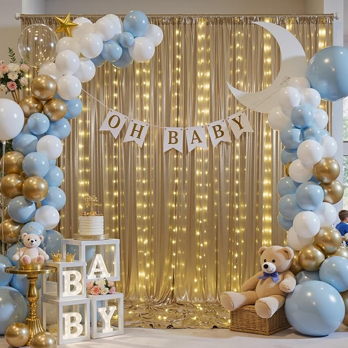 30x10 ft Champagne Sequin Backdrop Curtain with Lights for Parties, Wrinkle Free Glitter Photo Backdrop Drapes Shimmer Back Drop Cloth with Light Strings for Wedding Birthday Photography Background