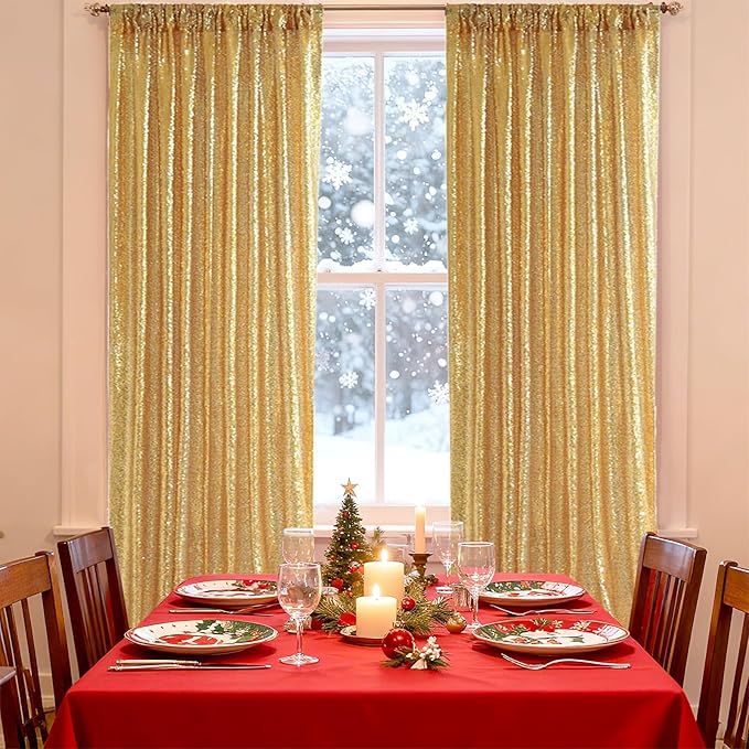 SquarePie Sequin Backdrop Curtain Not See Through Background for Wedding Party 2FT x 8FT 2P Gold