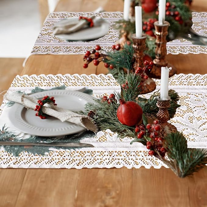 Tinsow 2 Pack Cotton Crochet Lace Rectangular Table Runner Dresser Scarf Doilies (White Style, 13" X 44")