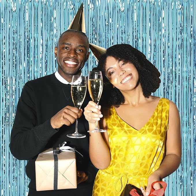 10 Pack Blue Backdrop Curtain 3.2ft x 8.2ft Metallic Tinsel Foil Fringe Curtains Photo Booth Background for Birthday Party Decoration Baby Shower Engagement Wedding Christmas Decoration (Blue)