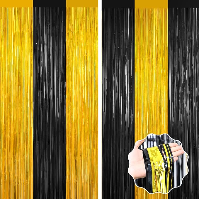 Black and Gold Party Streamers Decoration, 2Pack Graduation Tinsel Backdrop Party Decorations, Foil Fringe Backdrop for 2025 NYE/Anniversary/Farewell/Cocktail/Prom/EID/Birthdays Xmas Wedding Decors