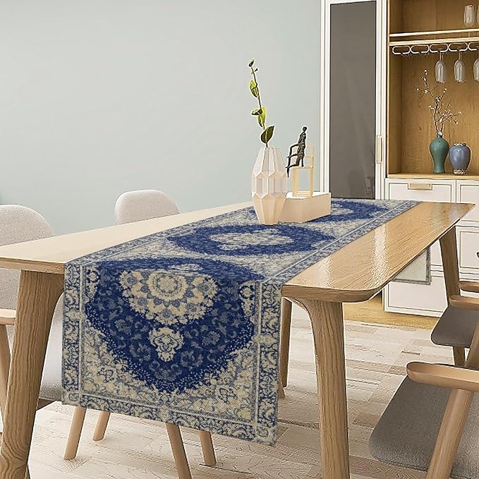 Boho Bohemia Style Dark Blue Table Runner, Country Rustic Farmhouse Magical Abstract Print Pattern for Home Kitchen Table Decor Dining Coffee Room Garden Party Decor 13x60in