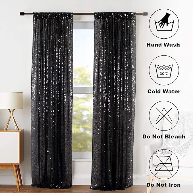 ShinyBeauty Black Backdrops 2 Pieces Sequin Curtains 4FTx7FT Photoshoot Background Glitter Backdrop Curtain Panels Shimmer Backgrounds for Wedding,Halloween,Party,Studio Decor(8FTx7FT)