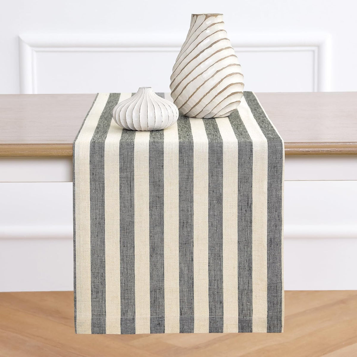 Solino Home 100% Linen Table Runner, 14 x 72 in, Black and Natural Striped