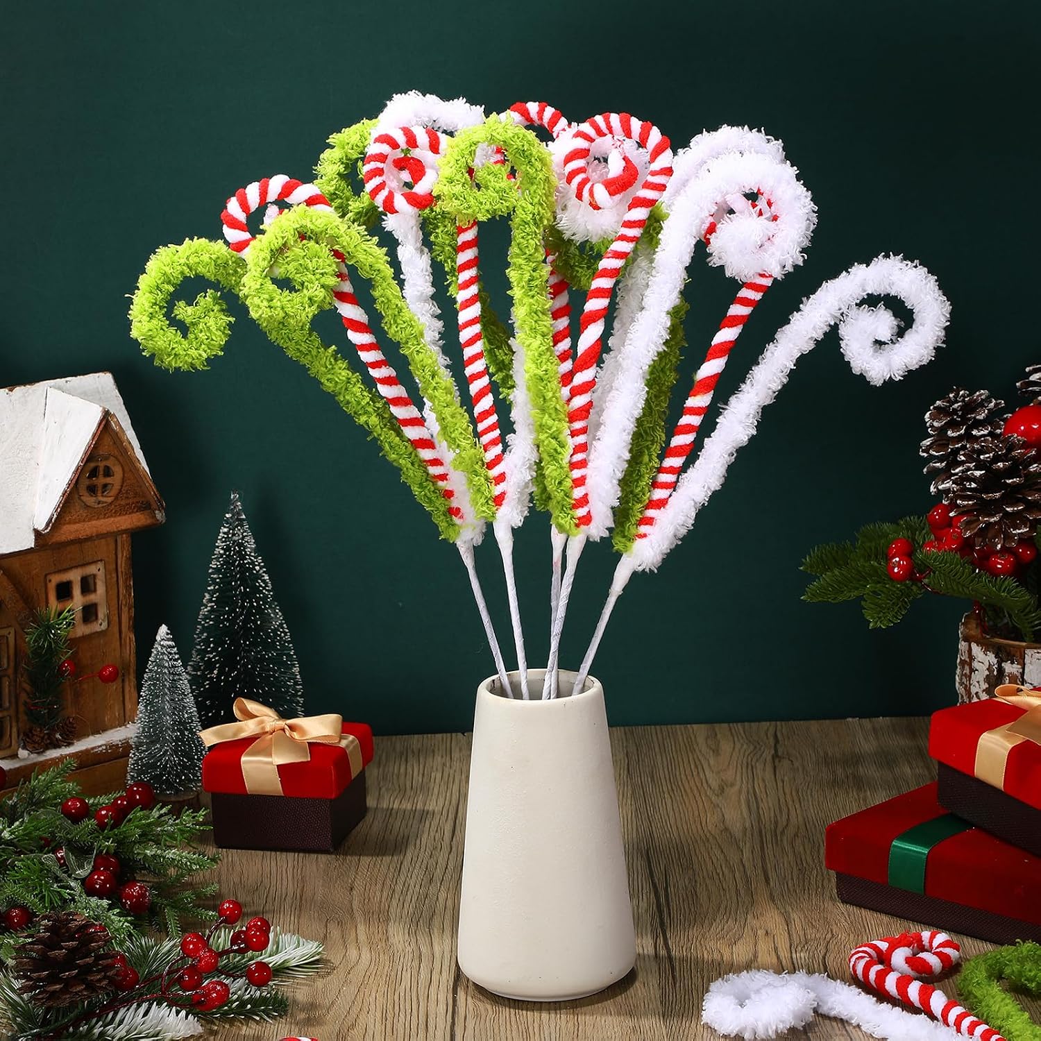 White Red and Green Christmas Tree Decor 16" Candy Cane Tree Pick Lime Green Xmas Topper Ornament Curly Stem Large Lollipop Branch Stick Elf Pick Spray for Home Wreath Vase Filler Craft Holiday Party