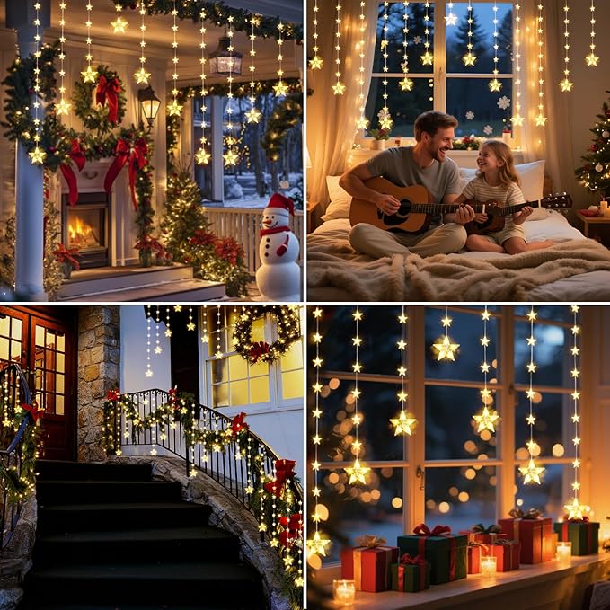 46 Stars Christmas Window Lights, IP65 Waterproof 74 LEDs Twinkle Star Curtain Lights with 8 Modes Timer, Warm White Battery Operated Hanging Christmas Star Decoration for Indoor Outdoor Xmas Bedroom