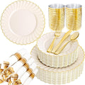 YOUBET 350PCS Ivory Scalloped Plastic Plates - Ivory and Gold Disposable Dinnerware Set Include 100 Plates, 150 Gold Silverware, 50 Cups, 50 Napkins for Wedding & Party & Thanksgiving