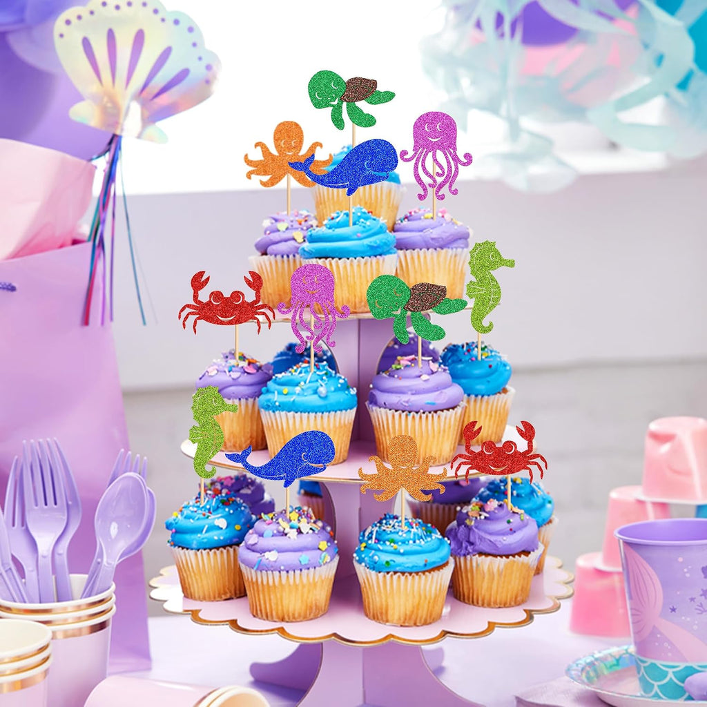 Ercadio 24 Pcs Marine animals Cupcake Toppers Picks Octopus Whale Sea Turtle Jellyfish Sea Horse Crab Cake Under the Sea Beach Cake Decoration Baby Shower Kids Birthday Party Supplies