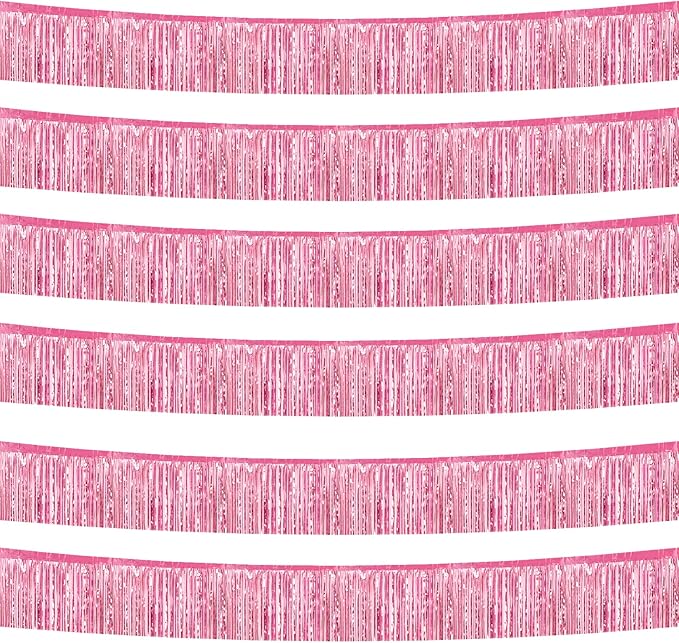 6 Pack 10 Feet Foil Fringe Garland Metallic Tinsel Streamers Banner Wall Hanging Curtain Backdrop Banner for Parade Floats, Thanksgiving, Christmas, Birthday, Halloween Party Decorations(Pink)