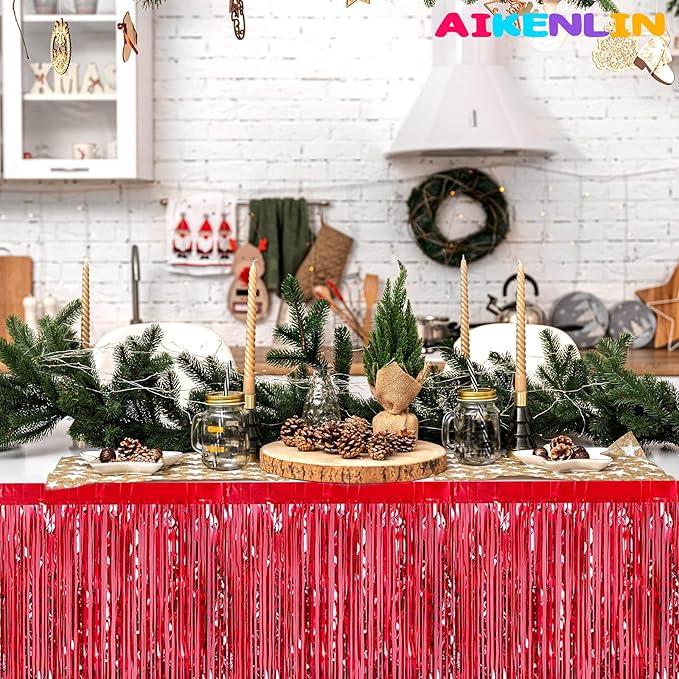 6 Pack 29x108 Inch Metallic Foil Fringe Tinsel Table Skirts Banner for Rectangle Tables Streamer Garland Curtains Backdrop for Wedding, Birthday, Parade Floats, Christmas Party Decoration(Red)
