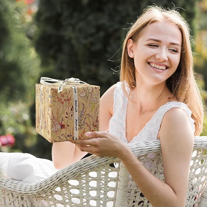Tyzarglef Wild Flower Wrapping Paper Roll, 17 Inches x 32.8 Feet Kraft Floral Design Wrapping Paper for Women Girls Gifts, Birthdays, Weddings, Bridal Shower and Engagement
