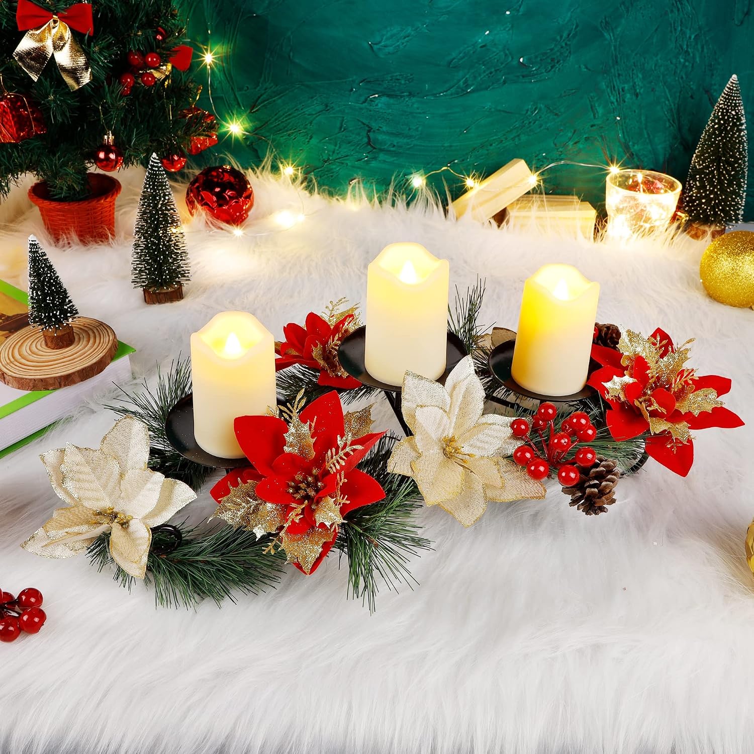 FORUP Christmas Centerpiece, Christmas Candle Holders, Christmas Tabletop Poinsettia Centerpiece with 3 Flameless Candle, Romantic Holiday Candelabrum for Home Party Christmas Table Mantel Decorations
