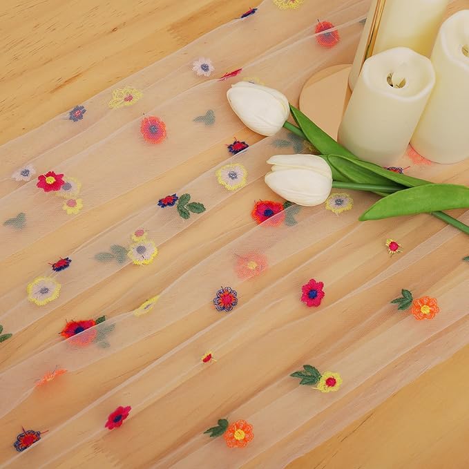 BINBE 3pcs Champagne Daisy Fall Table Runner Embroidery Gauze 10FT Florals Seasonal Tulle Holiday Birthday Kitchen Dining Table Decor for Home Party