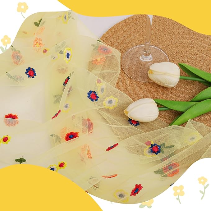 BINBE 1pcs Daisy Fall Table Runner Embroidery Gauze 10FT Florals Seasonal Tulle Holiday Birthday Kitchen Dining Table Decor for Home Party Yellow