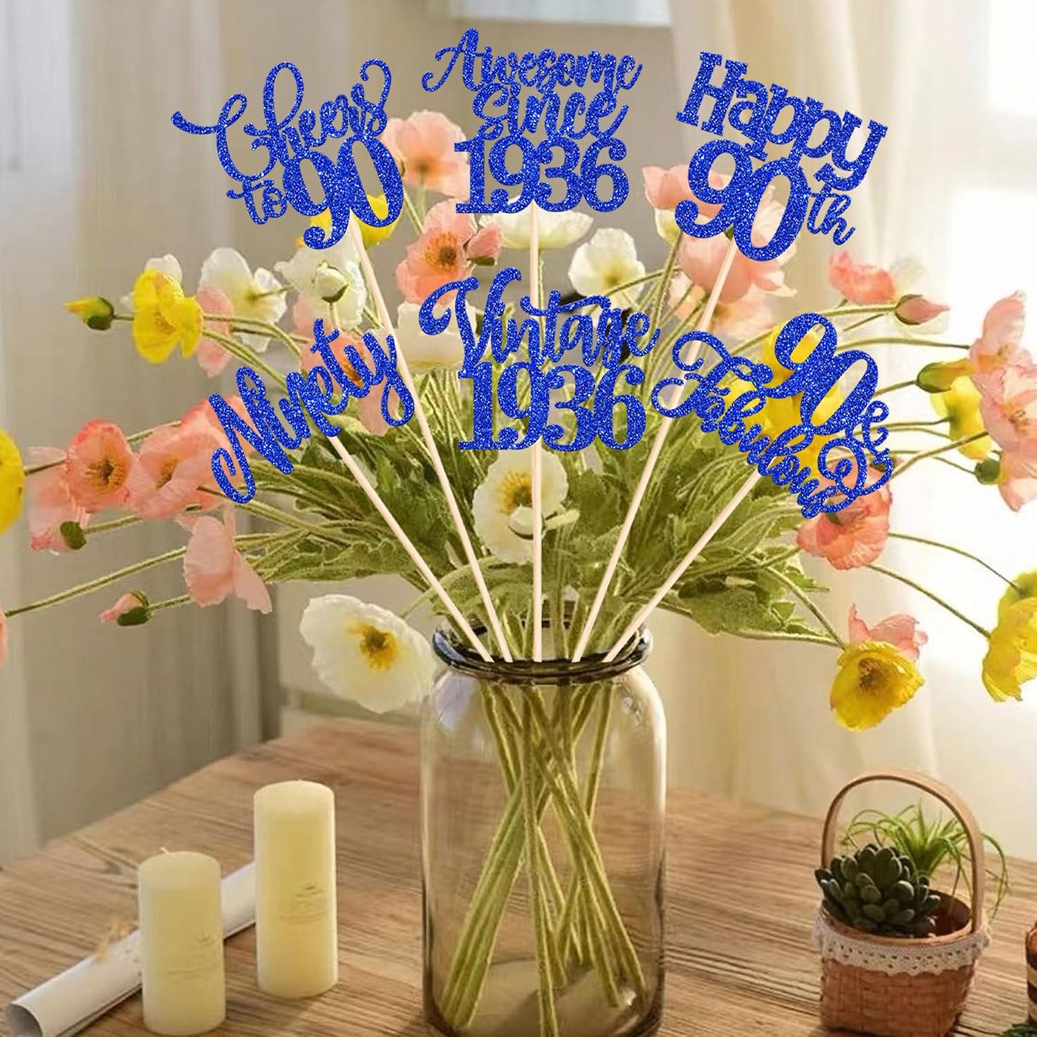 12 Pack Happy 90th Birthday Centerpiece Sticks Glitter Straight Outta 1936 Sixteen 90 Years Old Awesome Since 1936 Table Flower Centerpiece Sticks for 90 Fabulous Theme Party Supplies Blue