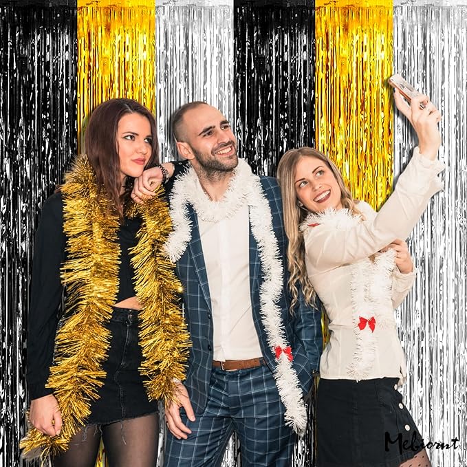 4 Pack 3.2Ft x 6.6Ft Black Gold Silver Fringe Curtain Backdrop, Metallic Tinsel Foil Fringe Streamers Curtains Background for Wedding Notorious One Birthday Roaring 20s Graduation Party Decoration