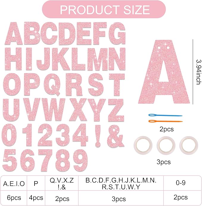 BEISHIDA 116 PCS Glitter Dark Pink DIY Letter Banner Kit Make Your Own Banner，Including 111 Letters and Numbers 3 Rope and 5 Threading Device,Customized for Birthday Graduation Wedding Party Decor