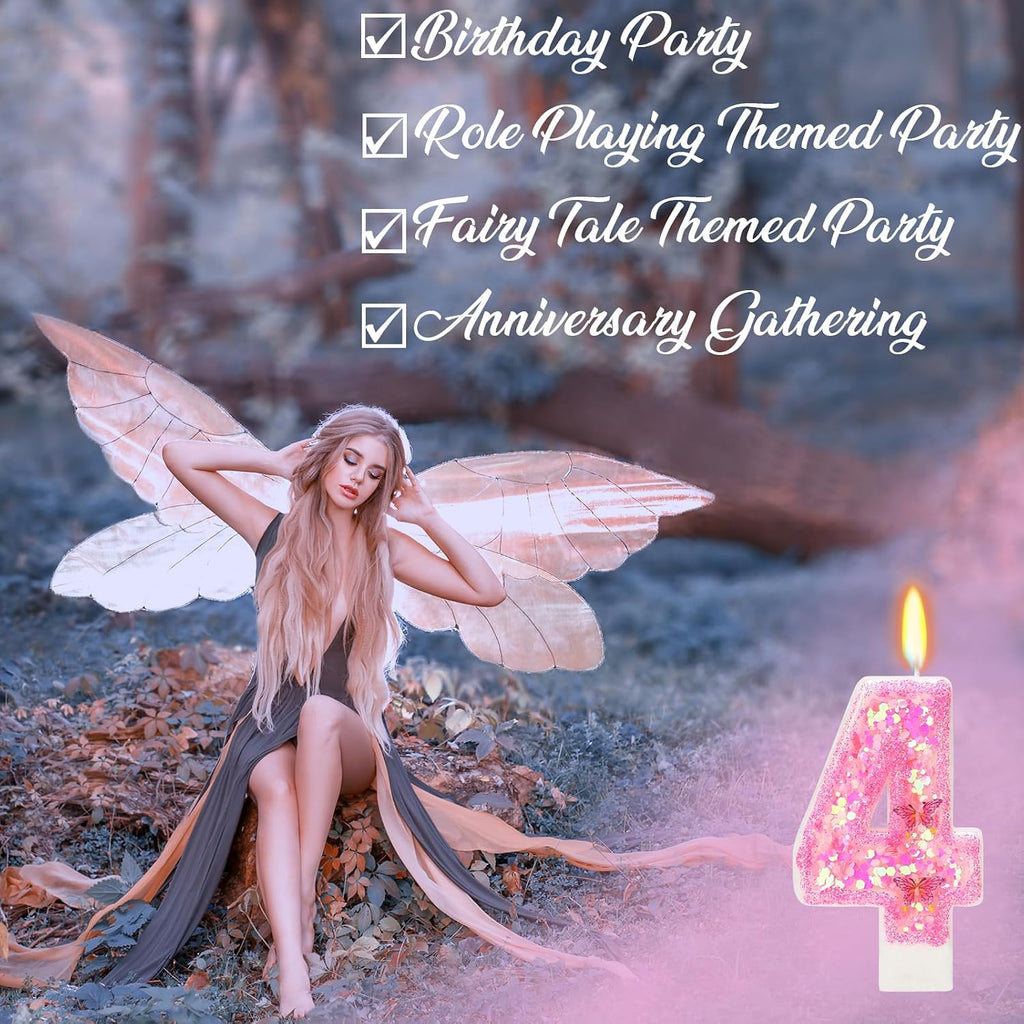Pink Birthday Candles - Number 4 Candle for Birthday Girl, Butterfly Number Candles for Princess Theme Party Supplies