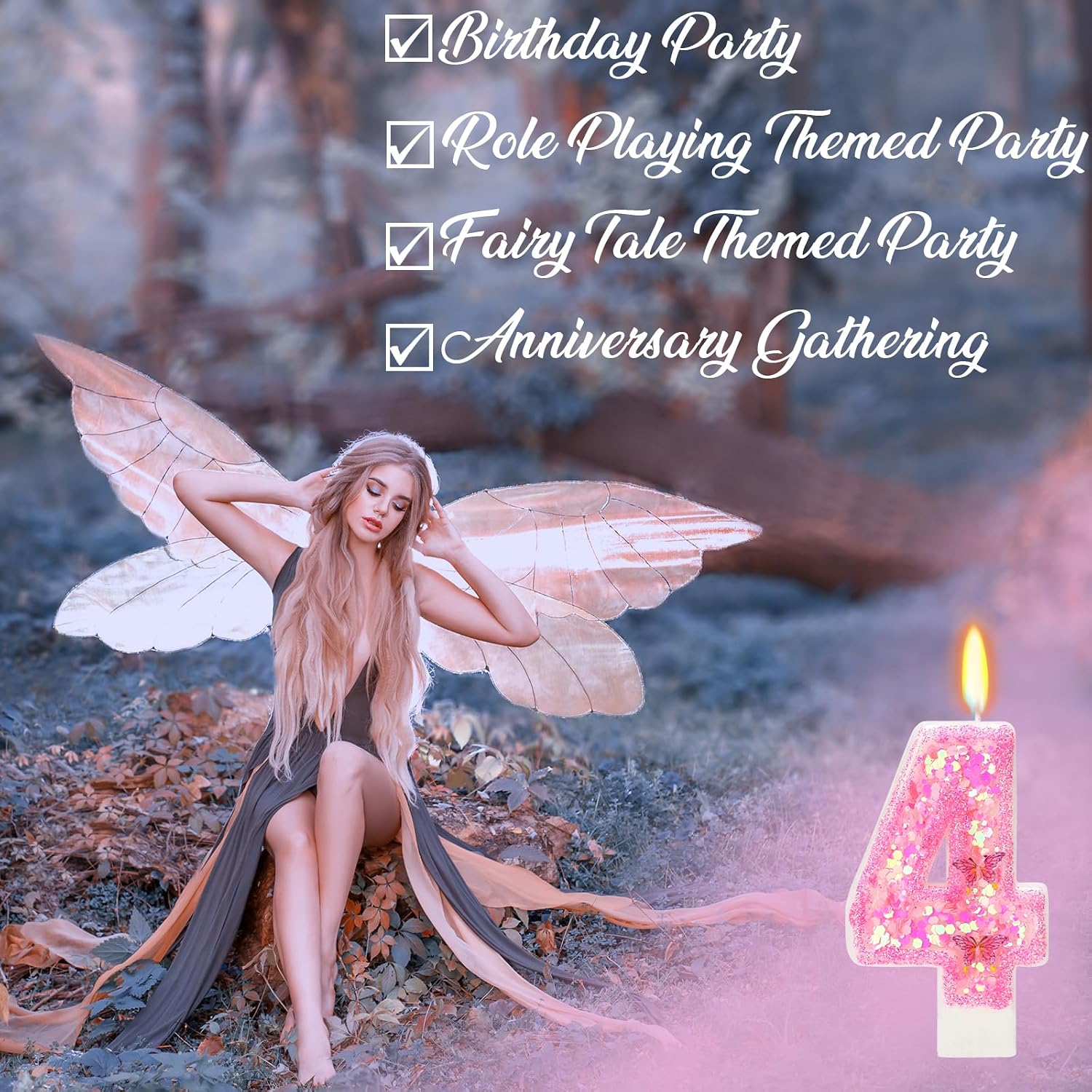Pink Birthday Candles - Number 4 Candle for Birthday Girl, Butterfly Number Candles for Princess Theme Party Supplies