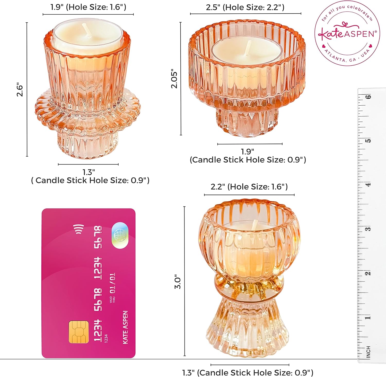 Kate Aspen Glass Taper Candle Holder Set of 6 - Rose Gold Ribbed Vintage Candlestick Votive Pillar Decorative Centerpiece for Dining Table Shelf Decor