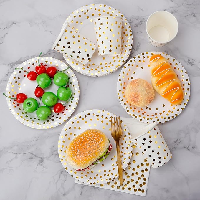 160 Pcs White and Gold Paper Plates, Forks and Cups Party Supplies, Disposable Paper Dessert Cake Plates Tableware Supplies for Birthdays, Graduations, Weddings, Holidays (40 Guests)