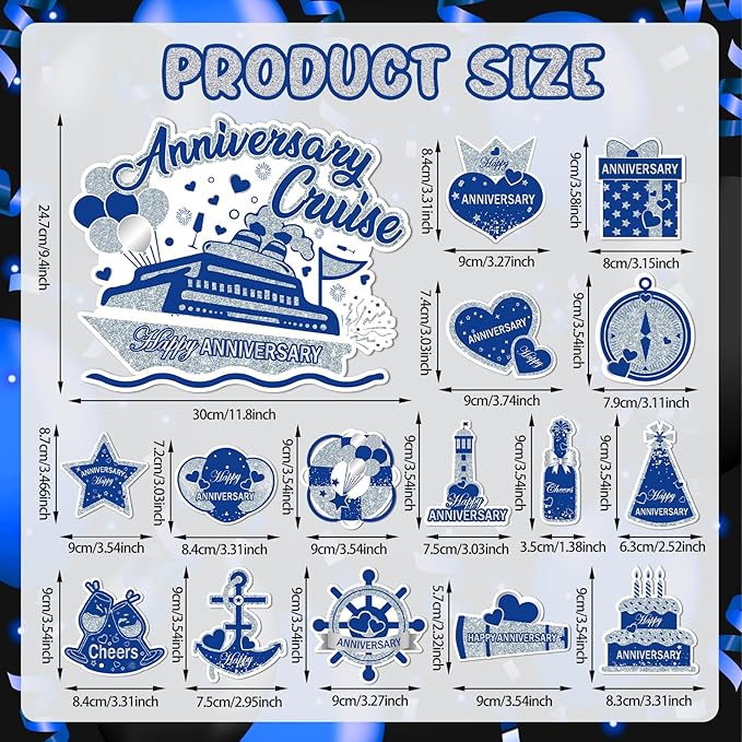 Happy Anniversary Cruise Door Magnets Decorations, Blue Silver Happy Anniversary Cruise Ship Door Decor Magnetic for Married Men Women Wedding Party Refrigerator Fridge Car Kitchen Garage Personalized