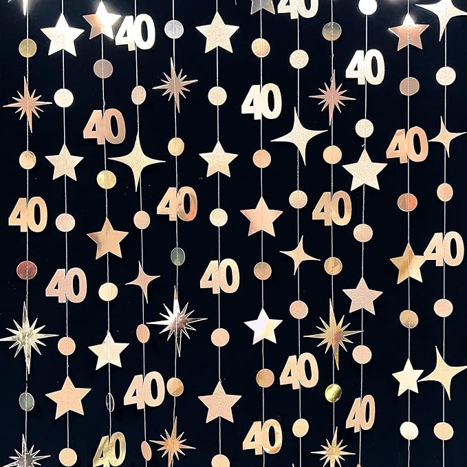 Champagne Gold 40th Birthday Decorations Number 40 Circle Dot Twinkle Star Garland Streamer Banner Backdrop for Women Mens Cheers to 40 Years Old Birthday Happy 40th Anniversary Party Supplies