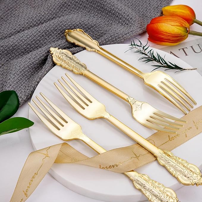 WDF 100 Piece Gold Forks Disposable - 7.48 Inch Gold Plastic Forks - Baroque Plastic Silverware for Dessert Cake - Heavy Duty Thanksgiving for Party, Wedding or Daily Using